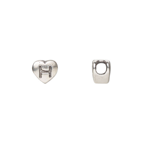 Bead, sterling silver, 7.5x7mm heart with alphabet letter "H." Sold individually. image number 0