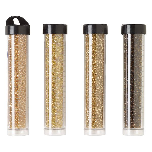 Seed bead assortment, Ming Tree™, glass, pkg/(4) 4 x 3/4 inch vials, #11 round, transparent rainbow, silver-lined and luster tan, root beer and amber yellow. image number 0