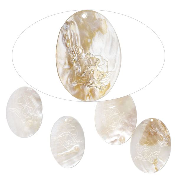 Focal, mother-of-pearl shell (natural/bleached), 61x40mm-70x49mm hand-carved oval with flower design, Mohs hardness 3-1/2. Sold per pkg of 5. image number 0