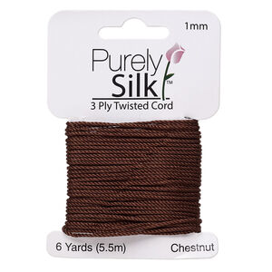 Cord, Purely Silk™, 3-ply, chestnut, 1mm twisted. Sold per 6-yard card.