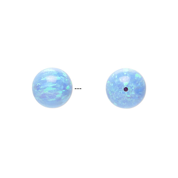 Bead, "opal" (silica and epoxy) (man-made), light blue, 10mm half-drilled round. Sold individually. image number 0