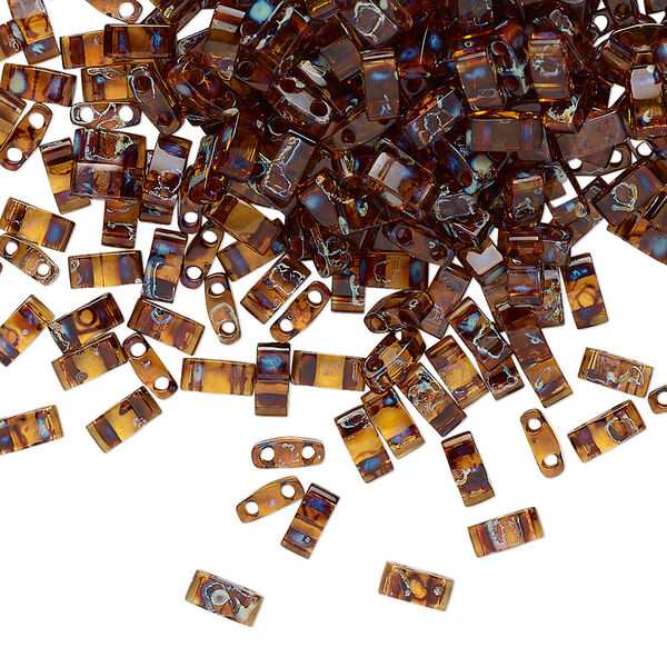 Seed bead, TILA®, glass, pkg/40g, 5x2.3mm half tila rectangle, translucent Picasso amber brown, (HTL-4502). image number 0