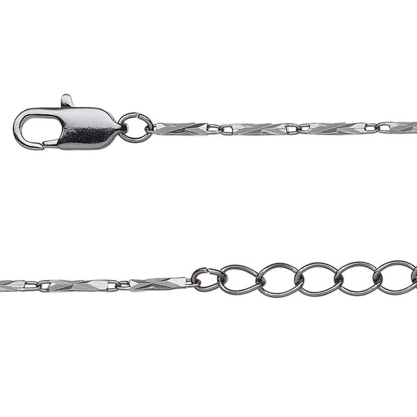 Chain, gunmetal-finished brass, 7x1.5mm diamond-cut rectangle tube, 16 inches with 1-1/4 inch extender chain and lobster claw clasp. Sold individually. image number 0