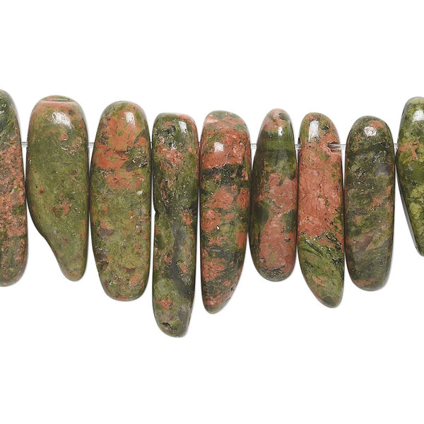 Bead, unakite (natural), extra-large top-drilled Hawaiian chip, Mohs hardness 6 to 7. Sold per 15-1/2" to 16" strand. image number 0