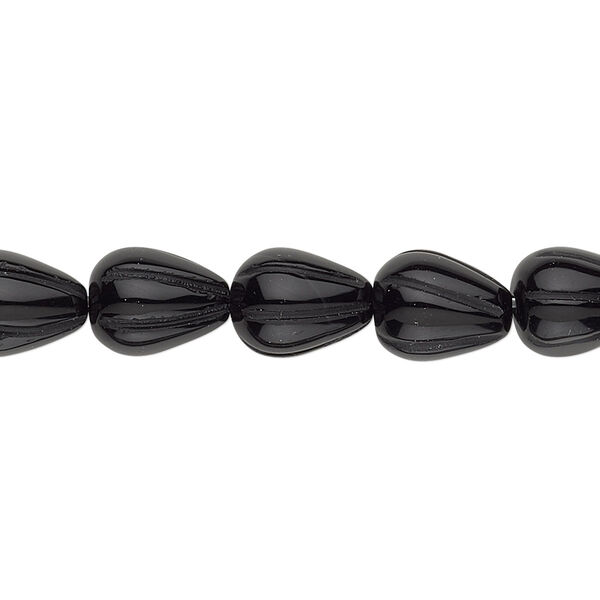 Bead, black onyx (dyed), 10x8mm fluted teardrop, B grade, Mohs hardness 6-1/2 to 7. Sold per 16-inch strand. image number 0