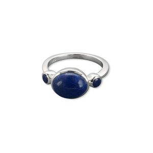 Ring, sterling silver and lapis (natural), 10x8mm oval cabochon, 3.5mm faceted round, size 7. Sold individually.