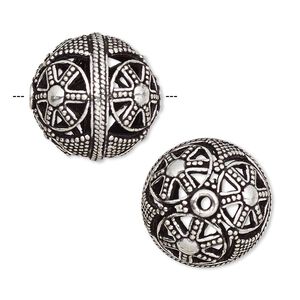 Bead, antique silver-plated brass, 19mm beaded round with circular and rope design and cutouts. Sold individually.