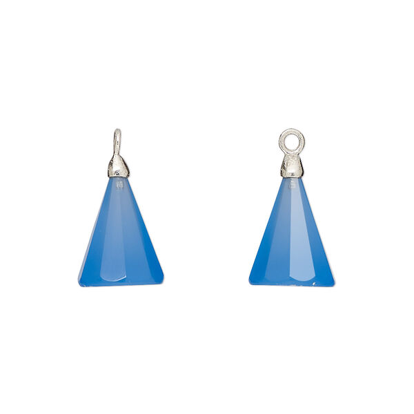 Drop, silver-plated blue chalcedony (dyed) and electroplated sterling silver, 14x9mm-15x10mm hand-cut 3D faceted cone, Mohs hardness 6-1/2 to 7. Sold individually. image number 0