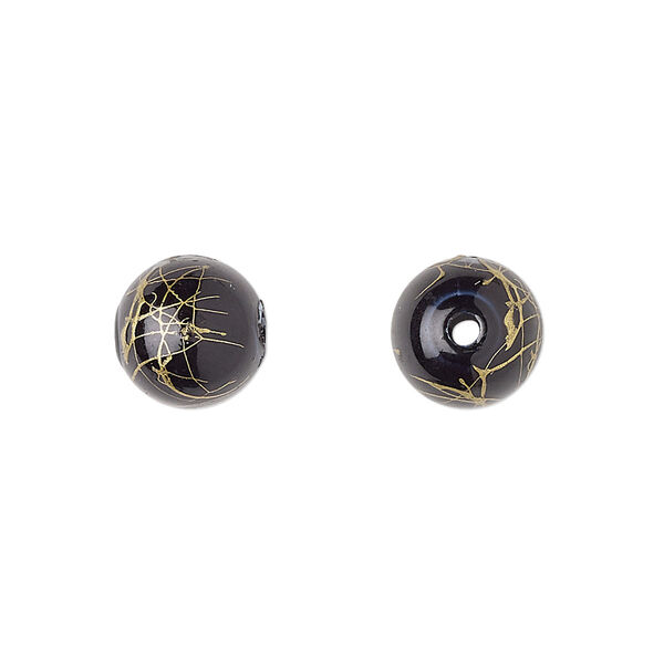 Bead, acrylic, black and gold, 10mm round with swirls. Sold per pkg of 200. image number 0