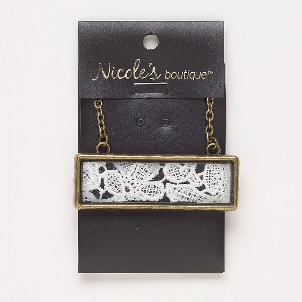 Necklace, glass / fabric / antique brass-finished "pewter" (zinc-based alloy) / steel, white, 61x21mm rectangle, 24 inches with lobster claw clasp. Sold individually. image number 0