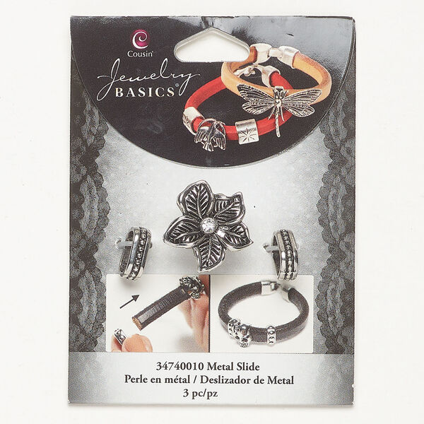 Slider bead assortment 1pkg3, antique silver-finished brass and acrylic, clear, 21mm flower / 13x5mm oval. image number 0