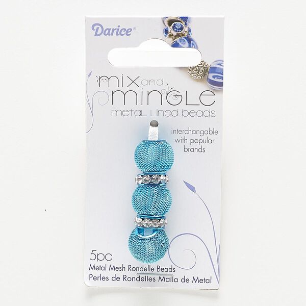 Bead, glass rhinestone with painted steel and "pewter" (zinc-based alloy), aqua blue and clear, 12x4mm rondelle and 14x11mm-14x13mm mesh rondelle, 4.5-5mm hole. Sold per pkg of 5. image number 0