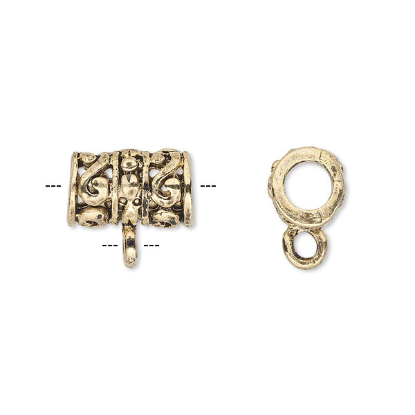 Bead, antique gold-finished "pewter" (zinc-based alloy), 13x9mm filigree tube with loop. Sold per pkg of 6. image number 0