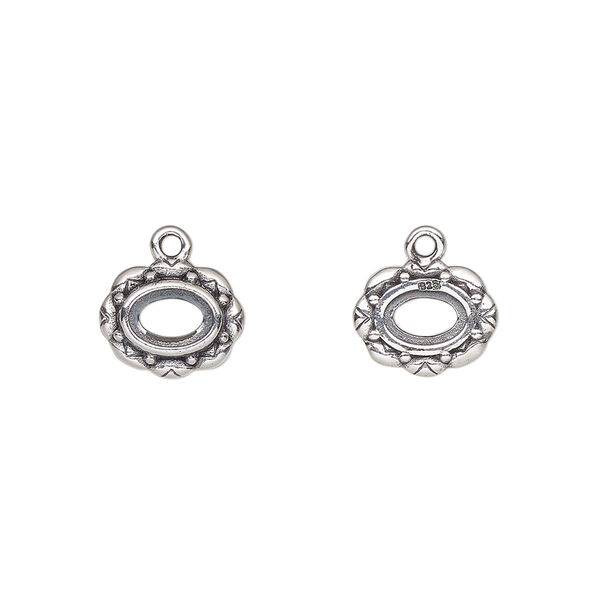 Drop, antiqued sterling silver, 10.5x8.5mm overall with 6x4mm oval setting and flower design with open back. Sold individually. image number 0