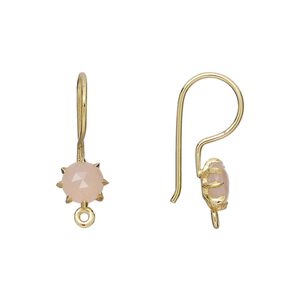 Ear wire fishhook 1pkg2 sterling silver / pink chalcedony, 22mm / 7.5mm hand-cut faceted round / closed loop, 19 gauge gold-finished 1 pair