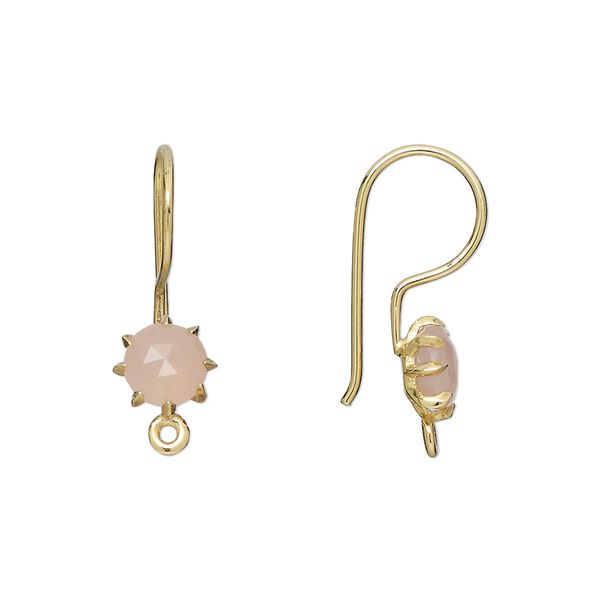 Ear wire fishhook 1pkg2 sterling silver / pink chalcedony, 22mm / 7.5mm hand-cut faceted round / closed loop, 19 gauge gold-finished 1 pair image number 0