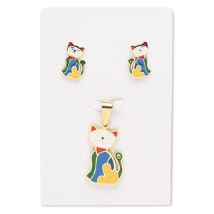 Pendant and earring, enamel and gold-finished stainless steel, multicolored, 27x17mm cat, 15x10mm cat with post. Sold per set.