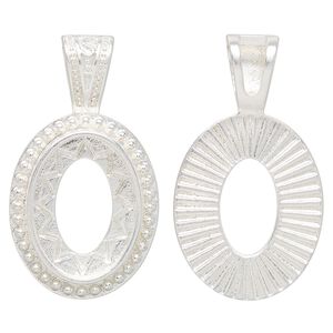Pendant "pewter" zinc-based alloy 2pk 35x20mm glue-in 18x13mm oval setting, silver plate
