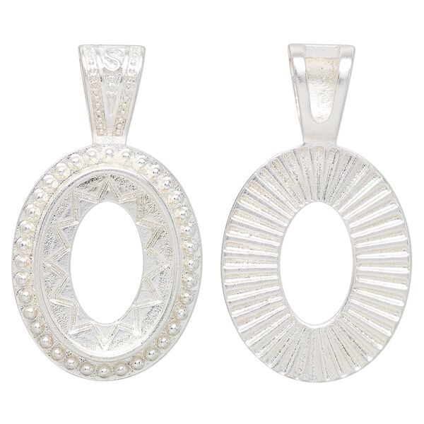 Pendant "pewter" zinc-based alloy 2pk 35x20mm glue-in 18x13mm oval setting, silver plate image number 0