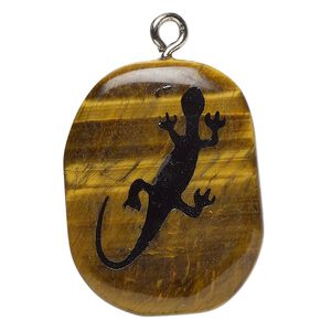 Drop 1pkg1 tigereye / enamel / steel, 28x23-38x28mm single-sided freeform oval / lizard B- grade, natural / silver finish