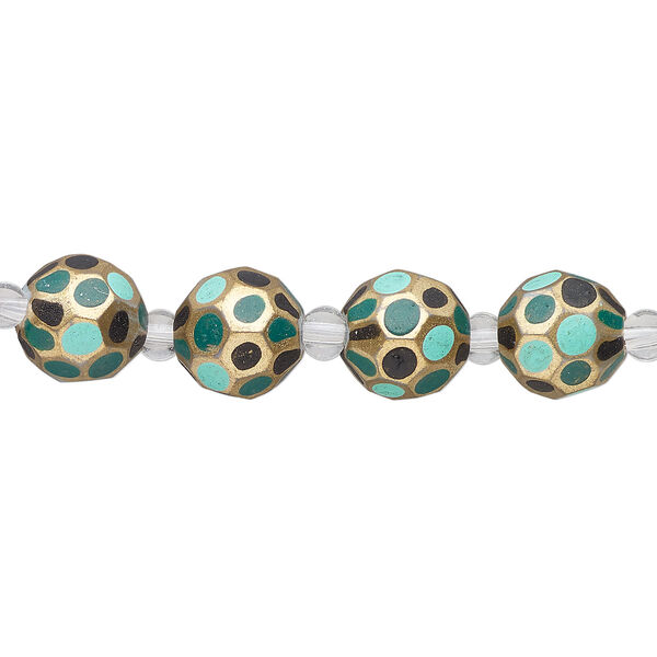 Bead, glass 1pkg4, teal green / black / gold, 12mm hand-painted faceted round. image number 1