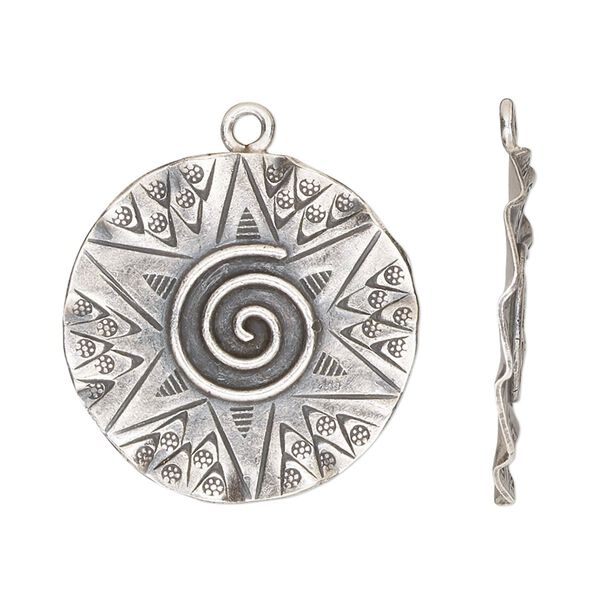 Drop, Hill Tribes, antiqued sterling silver, 26mm single-sided wavy round with swirl pattern and star design. Sold individually. image number 0