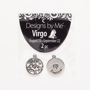 "Pewter" (zinc-based alloy) / enamel 1pkg2, 2-sided round charm / Virgo / "Practical" antique silver-finish / black 17mm