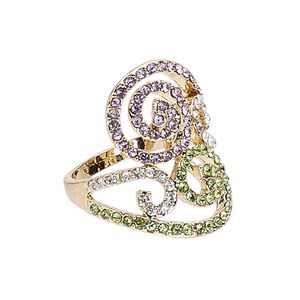 Ring, Egyptian glass rhinestone and gold-finished "pewter" (zinc-based alloy), clear / green / pink, 28mm wide with swirl design, size 9. Sold individually.