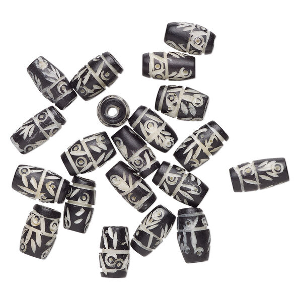 Bead, bone (dyed), black and white, 13x6mm-13x8mm hand-cut carved hairpipe with line and dot design, Mohs hardness 2-1/2. Sold per pkg of 20. image number 0