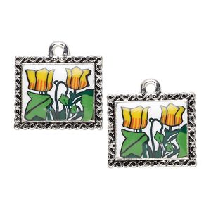 Drop, glazed polymer clay and silver-finished "pewter" (zinc-based alloy), multicolored, 20x17mm single-sided rectangle with tulip design and swirl edge. Sold per pkg of 2.