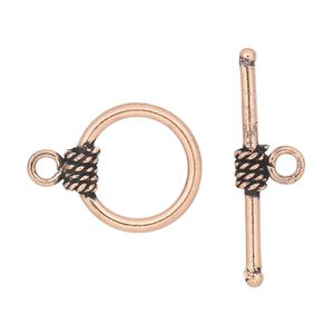 Clasp, toggle, antique copper-plated copper, 16mm round with rope pattern. Sold per pkg of 4.