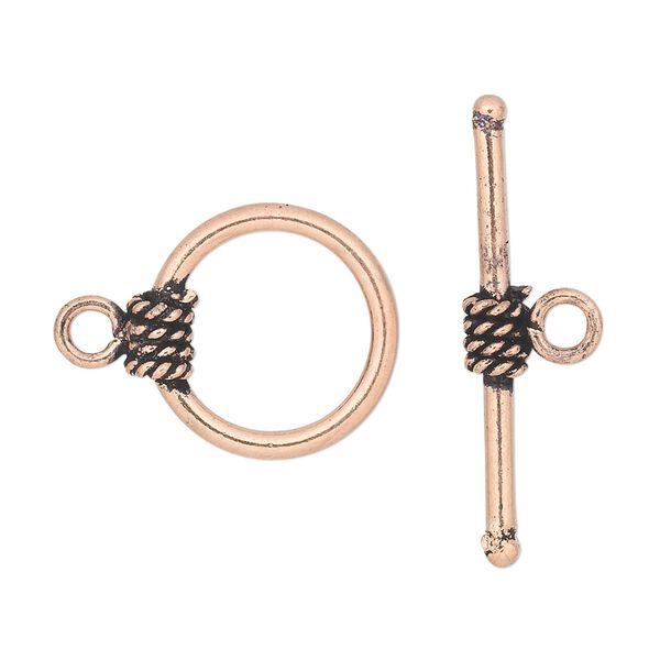 Clasp, toggle, antique copper-plated copper, 16mm round with rope pattern. Sold per pkg of 4. image number 0