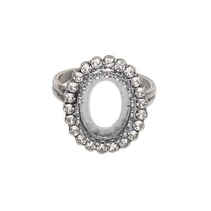 Ring, JBB Findings and crystals, antique silver-plated brass, crystal clear, 20mm wide with 14x10mm oval bezel setting, adjustable from size 7.5-11. Sold individually.