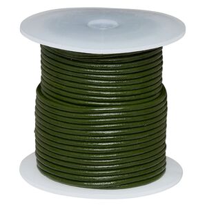 Cord, leather (dyed), dark green, 2mm round. Sold per 25-yard spool.