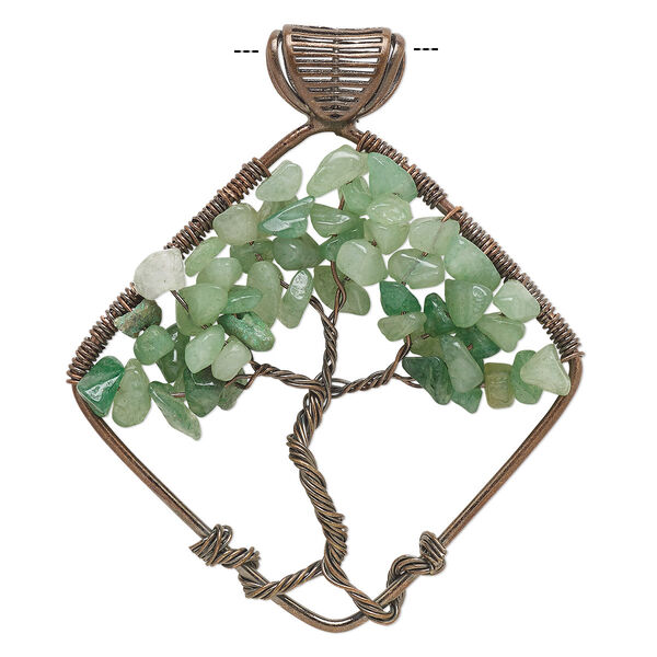 Pendant, antique copper-finished copper and green aventurine (natural), 65x55mm single-sided open diamond with tree of life design and 5x4mm bail. Sold individually. image number 0
