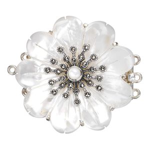 Clasp tab 1pkg1 sterling silver / Signity® marcasite / mother-of-pearl shell (natural), 34mm carved flower, antiqued 3-strand