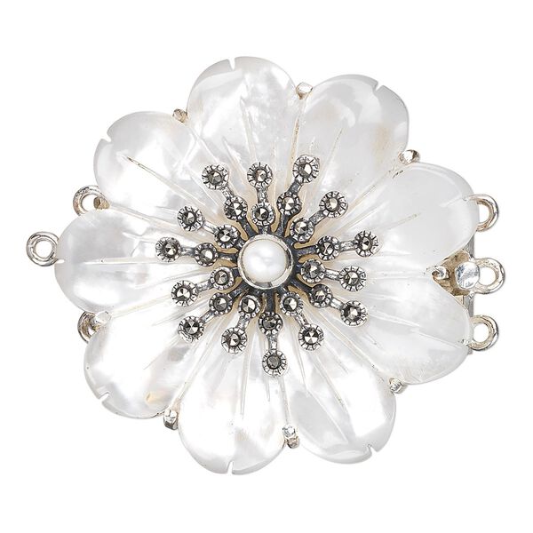 Clasp tab 1pkg1 sterling silver / Signity® marcasite / mother-of-pearl shell (natural), 34mm carved flower, antiqued 3-strand image number 0