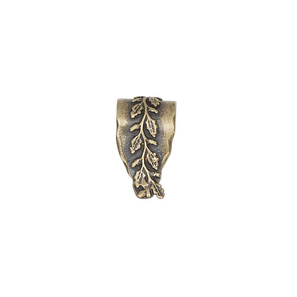 Bail, ice-pick, antiqued brass, 15x8mm fancy shield with leafy vine design, 12mm grip length. Sold individually. image number 0