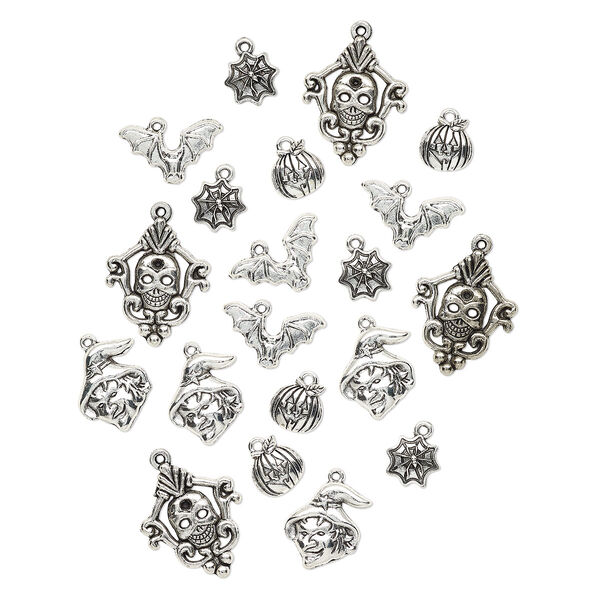 Charm, antique silver plate "pewter" (zinc-based alloy), 12x12mm-29x23mm assorted single-sided Halloween theme. Sold per pkg of 20. image number 0
