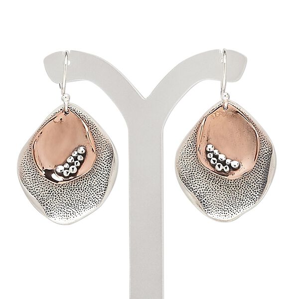 Earring, sterling silver and copper, 39mm with smooth and textured fancy teardrop with fishhook ear wire. Sold per pair. image number 0