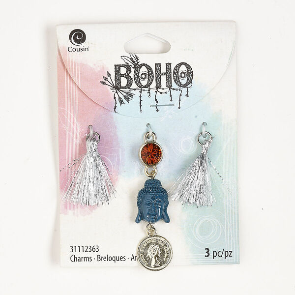 Drop assortment, gold-finished brass and acrylic, blue / brown / silver, 2-1/2 inch dangle. Sold per pkg of 3. image number 0