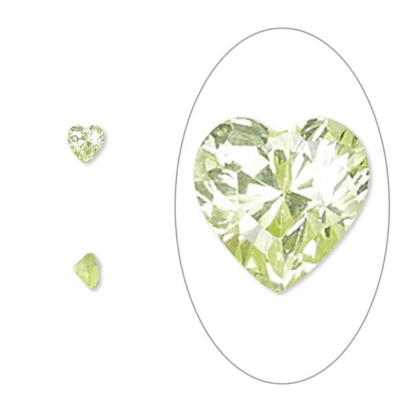Gem, cubic zirconia, peridot green, 4mm faceted heart, Mohs hardness 8-1/2. Sold per pkg of 5. image number 0