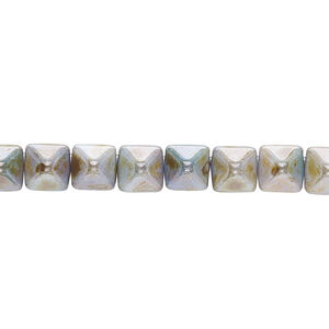 Spacer, Preciosa, Czech pressed glass, marbled opaque green and brown luster, 6x6x7mm 2-strand pyramid, fits up to 3mm bead. Sold per 8-inch strand, approximately 30 spacers.
