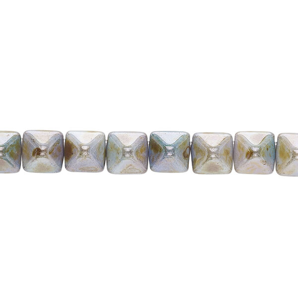 Spacer, Preciosa, Czech pressed glass, marbled opaque green and brown luster, 6x6x7mm 2-strand pyramid, fits up to 3mm bead. Sold per 8-inch strand, approximately 30 spacers. image number 0