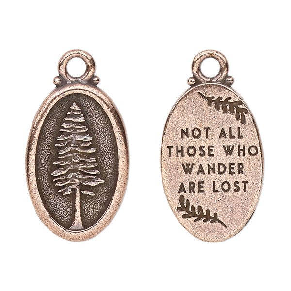 Charm, TierraCast®, antique copper-plated pewter (tin-based alloy), 26x16mm 2-sided oval with redwood and "Not all those who wander are lost." Sold per pkg of 20. image number 0