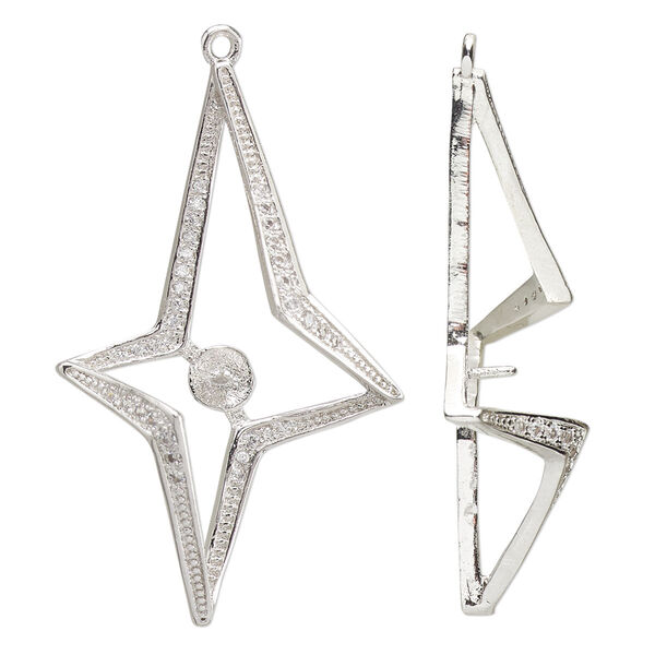 Focal, cubic zirconia and silver-plated brass, clear, 41.5x25mm single-sided star with 5mm cup and 3.5mm peg, fits 6-10mm half-drilled bead. Sold individually. image number 0
