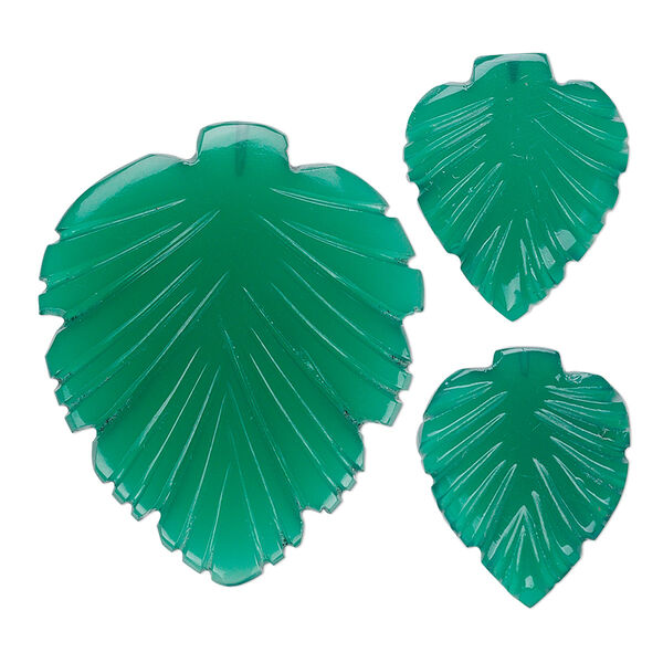 Bead, green agate (dyed), (1) 29x25mm and (2) 15.5x13.5mm top-drilled double-sided carved leaf, B grade, Mohs hardness 6-1/2 to 7. Sold per 3-piece set. image number 0