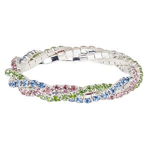 Bracelet, stretch, glass rhinestone and silver-plated brass, blue / purple / green, 9mm wide braided cupchain, 7 inches. Sold individually.