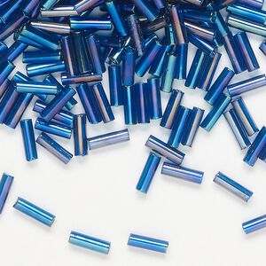 Bead, Preciosa Ornela Czech glass, bugle bead, pkg/50g, 1/4 inch, rainbow translucent dark aquamarine, (61100).