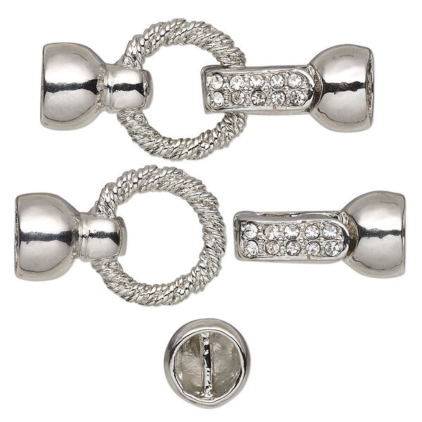 Clasp, magnetic, glass rhinestone and silver-plated "pewter" (zinc-based alloy), clear, 36.5x16mm twisted ring and (2) 6.5mm glue-in end caps. Sold individually. image number 0